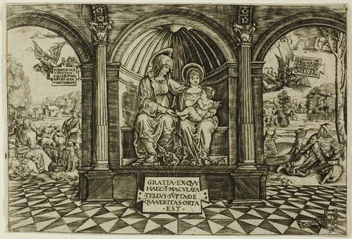 The Virgin and Child Enthroned with Saint Anne by Master NA. DAT with the Mousetrap, print, 1512-1513