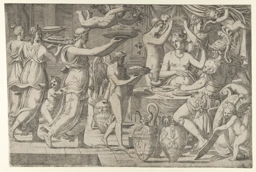 Mars and Venus Being Served at Table by Cupid by Léon Davent, print, 1540-1556