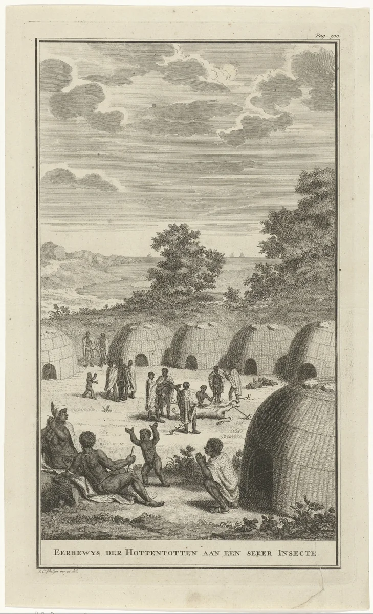 Khoikhoi die een insect vereren by Jan Caspar Philips, print, 1727