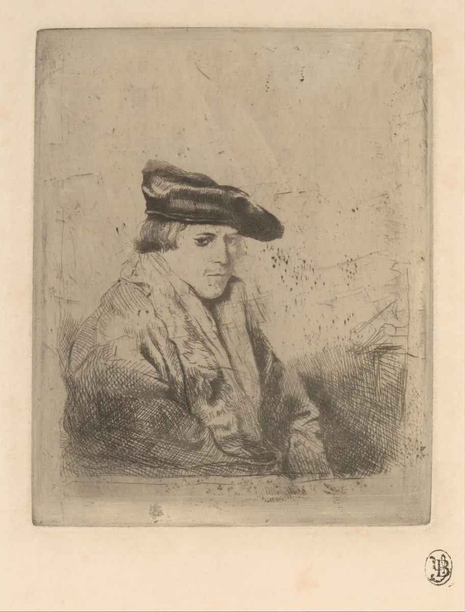 Young Man, Seated, in a Velvet Beret, after Rembrandt by Edgar Degas, print, 1857