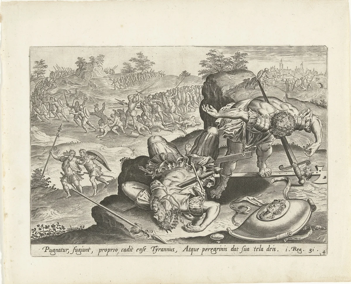 Saul pleegt zelfmoord by Hans Collaert, print, 1585