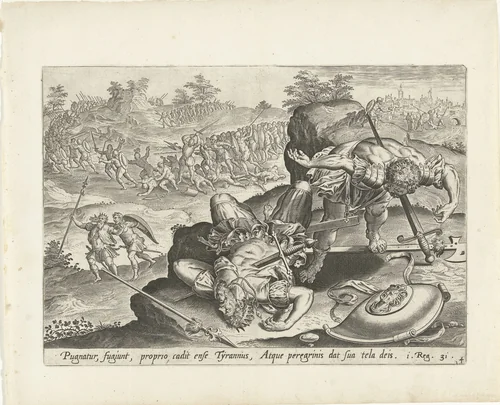 Saul pleegt zelfmoord by Hans Collaert, print, 1585