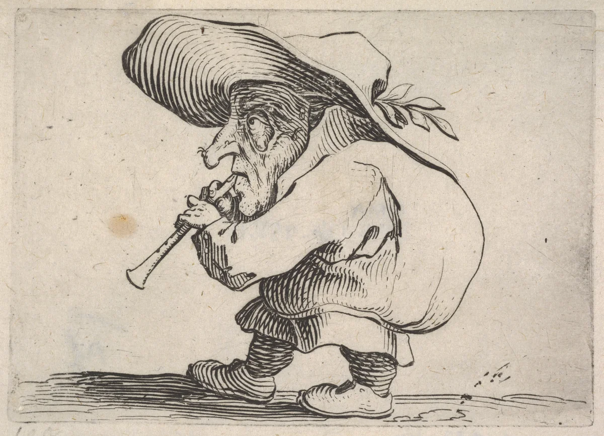 Small male figure playing a wind instrument, in profile view, from "Varie Figure Gobbi" by Jacques Callot, print, 1621-1625