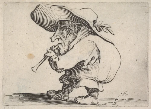 Small male figure playing a wind instrument, in profile view, from "Varie Figure Gobbi" by Jacques Callot, print, 1621-1625