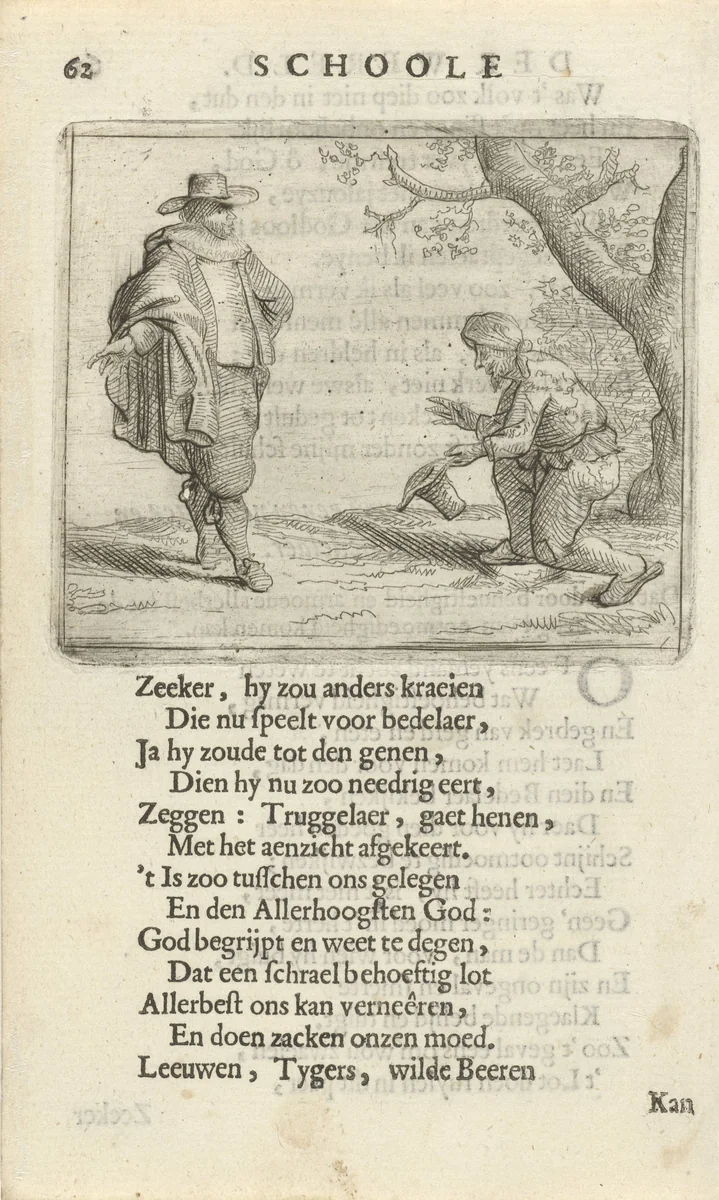 Knielende man voor een rijk geklede figuur by Arnold Houbraken, print, 1682