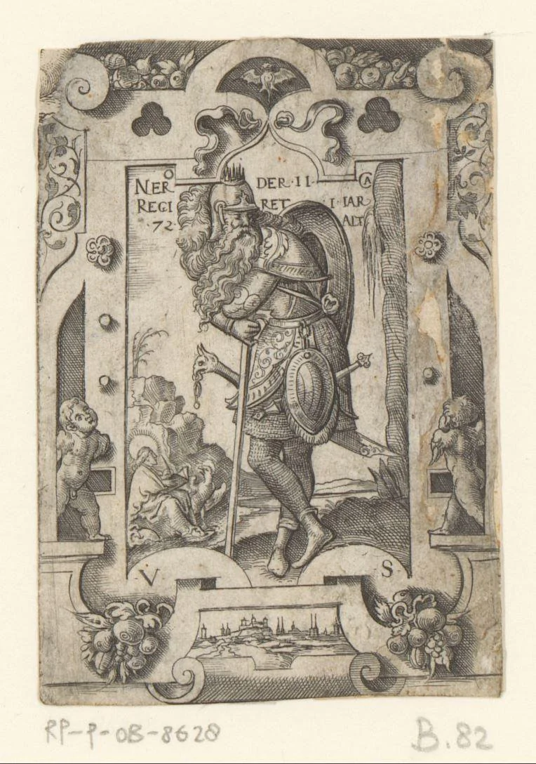 Keizer Nerva in rolwerk omlijsting by Unknown, print, 1524-1562