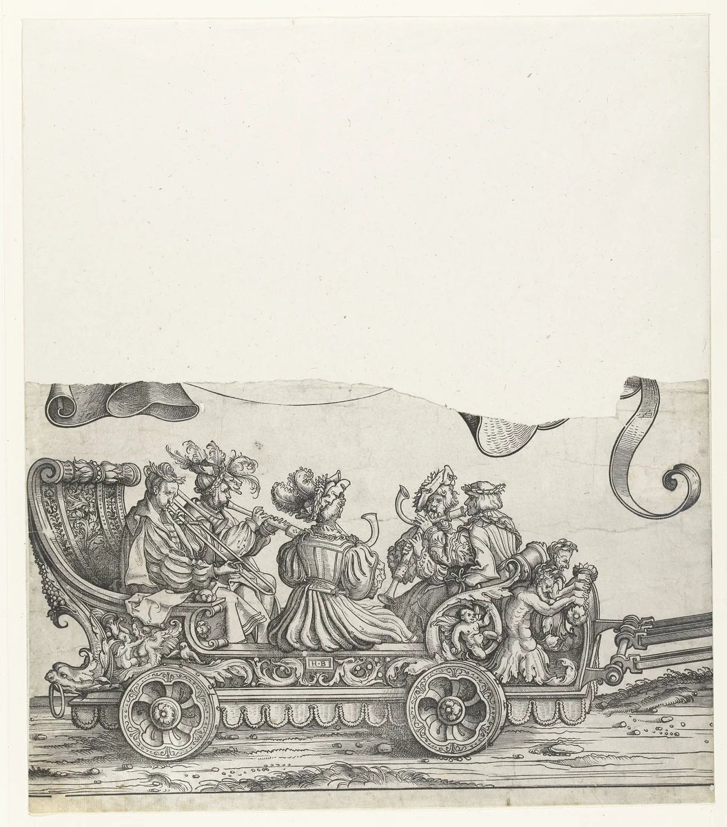 Triomfwagen met musici die spelen op blaasinstrumenten by Unknown, print, 1483-1526