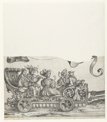 Triomfwagen met musici die spelen op blaasinstrumenten by Unknown, print, 1483-1526