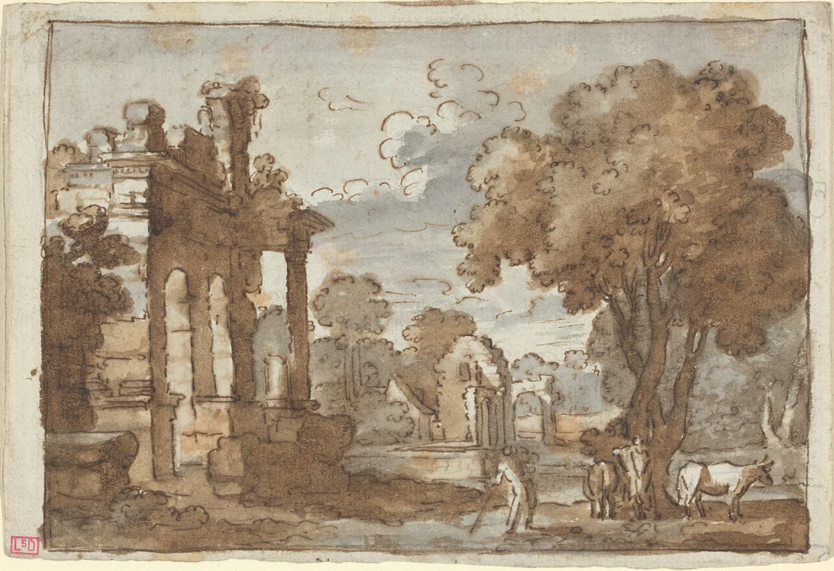 Landscape by Anonymous Artist; Claude Lorrain, drawing, 1600-1682