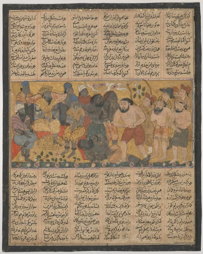 "Bahram Gur Exhibiting his Prowess in Wrestling at the Court of Shangul, King of India", Folio from the First Small Shahnama (Book of Kings) by Abu'l Qasim Firdausi, manuscript, 1275-1355