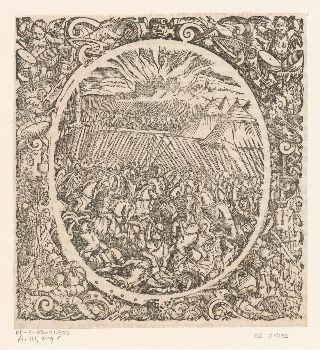 Veldslag met op de achtergrond een brandende stad by Jost Amman, print, 1573