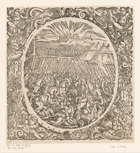 Veldslag met op de achtergrond een brandende stad by Jost Amman, print, 1573