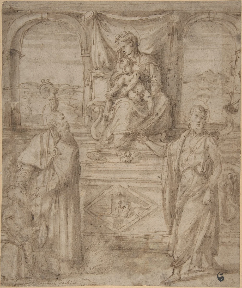 Madonna and Child Enthroned with Saint Basil the Great and Saint John the Baptist and Donor by Niccolò dell' Abate, drawing, 1540-1550