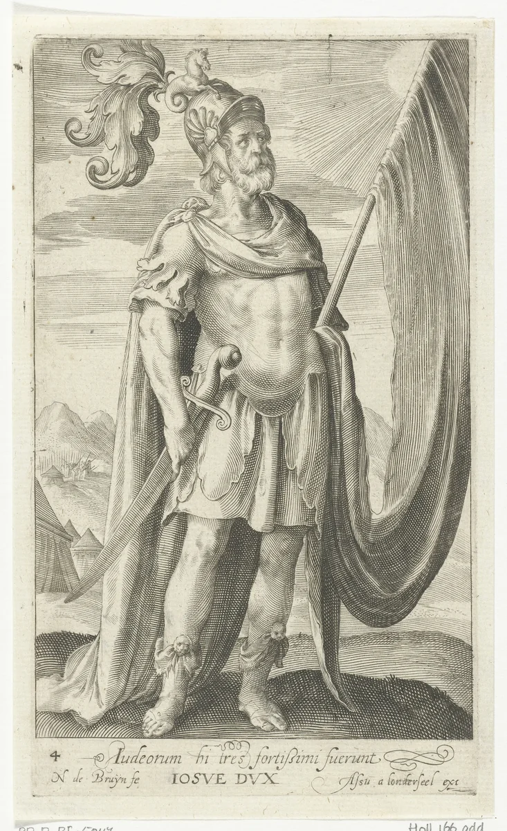 Jozua als legeraanvoerder met vaandel en zwaard by Unknown, print, 1581-1656