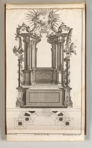 Design for a Monumental Altar, Plate 'o' (?) from 'Unterschiedliche Neu Inventierte Altäre mit darzu gehörigen Profillen u. Grundrißen.' by Jacob Gottlieb Thelot, book, 1745-1755