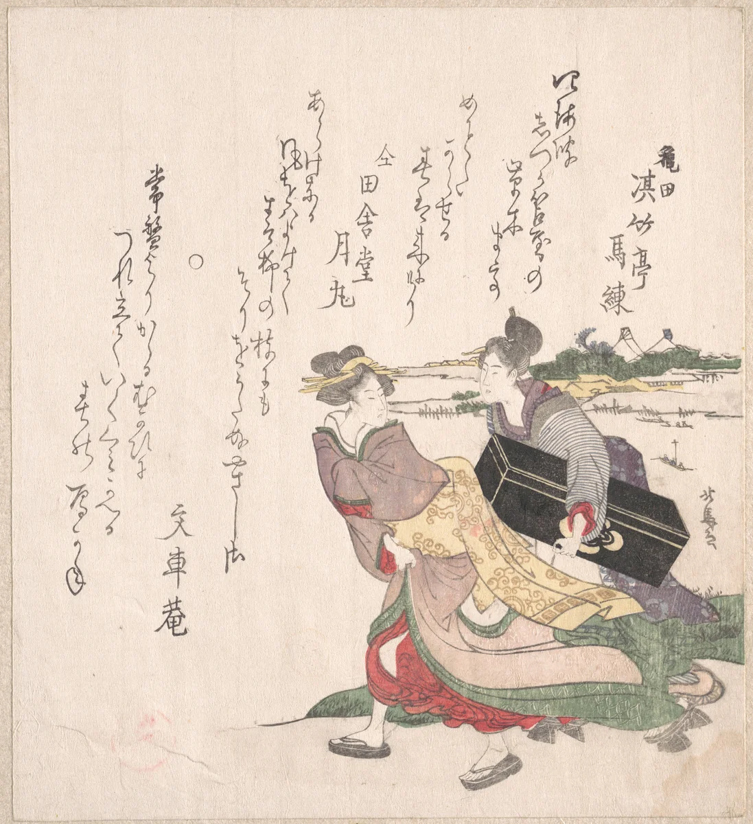 Geisha Girl Hurrying with a Maid Servant Who is Carrying a Shamisen Box by Teisai Hokuba (蹄斎北馬), print, 1771-1844