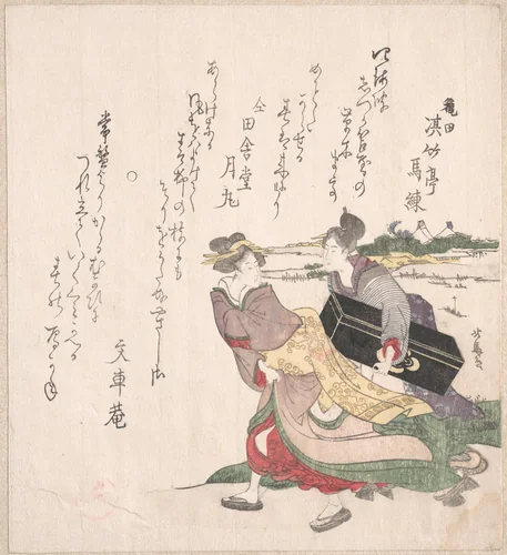 Geisha Girl Hurrying with a Maid Servant Who is Carrying a Shamisen Box by Teisai Hokuba (蹄斎北馬), print, 1771-1844