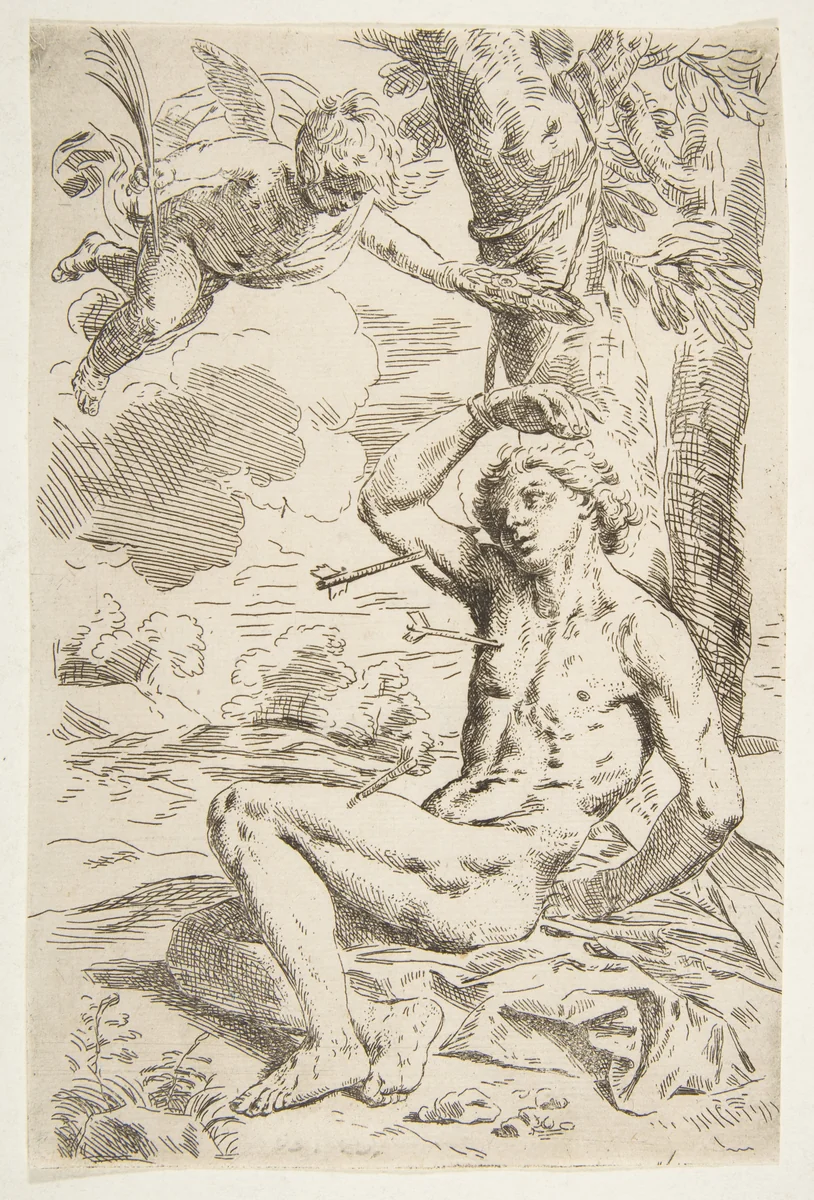Saint Sebastian pierced with arrows and tied to a tree, copy after Cantarini by Simone Cantarini, print, 1634-1700