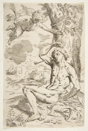 Saint Sebastian pierced with arrows and tied to a tree, copy after Cantarini by Simone Cantarini, print, 1634-1700