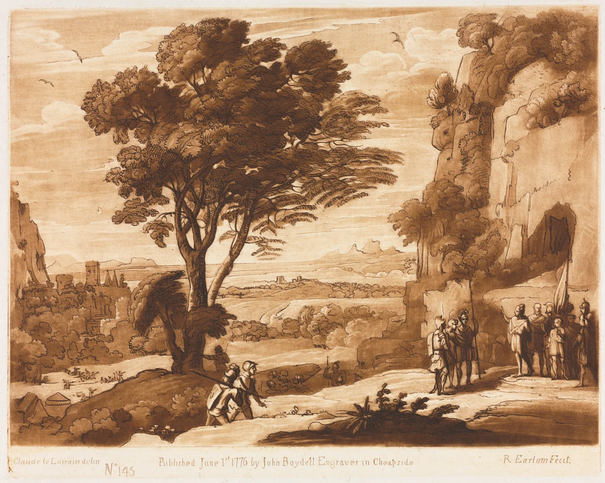 Liber Veritatis: No. 145, A Landscape, with Figures, Simon brought before Priam by Richard Earlom, print, 1776