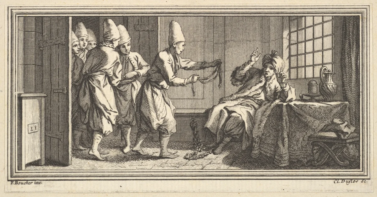 Bringing Rope to the Prisoner by Claude Augustin Duflos le Jeune, print, 1746-1747