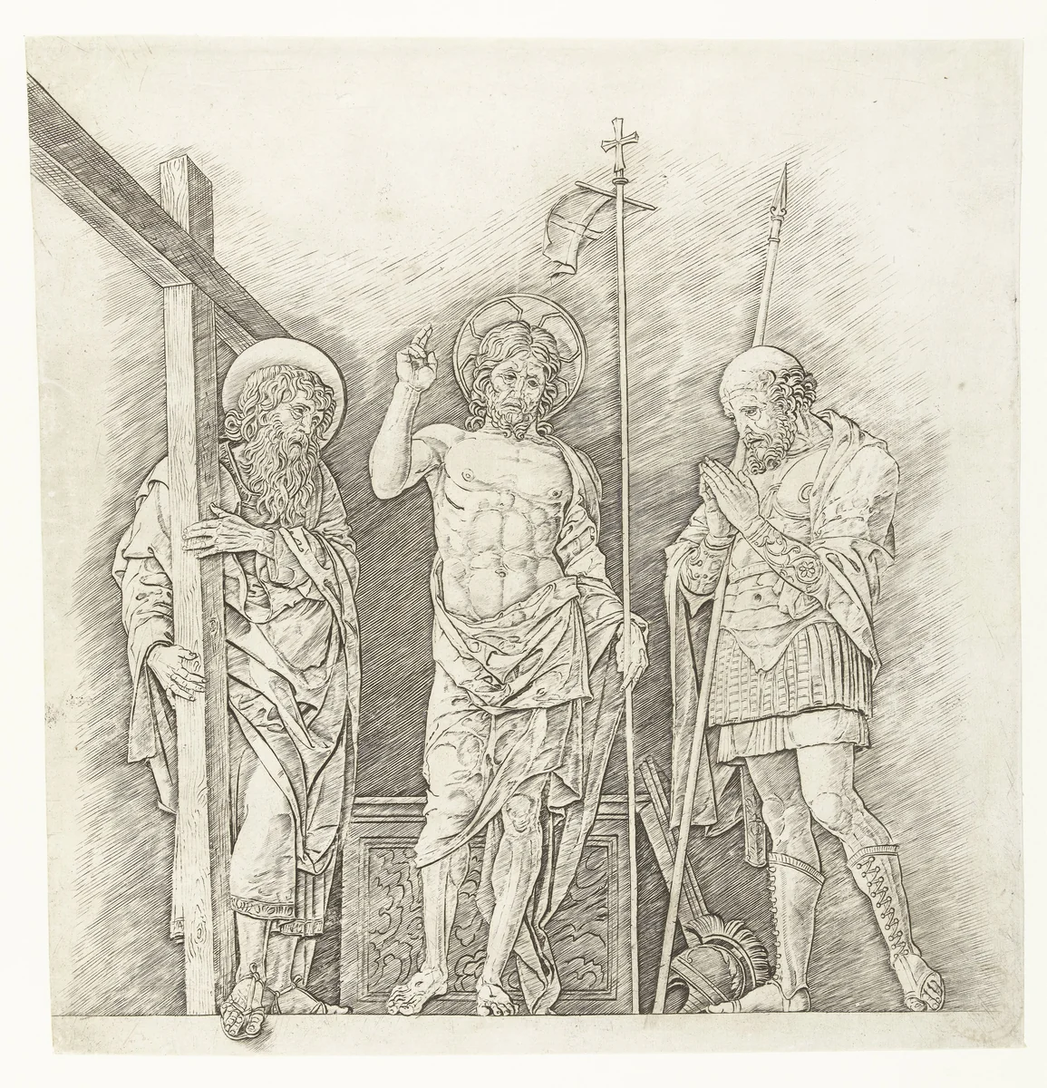 Herrezen Christus staand tussen heiligen Andreas en Longinus by Andrea Mantegna, print, 1470-1474