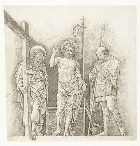 Herrezen Christus staand tussen heiligen Andreas en Longinus by Andrea Mantegna, print, 1470-1474