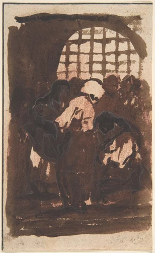 Figures inside a prison (recto), a monstrous animal (verso) by Goya, drawing, 1815-1825