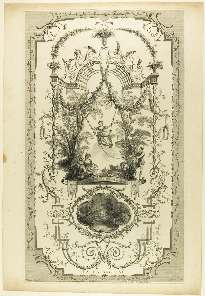 La Balanceuse, plate 98 from "L'Oeuvre d'Antoine Watteau" by Jacques-Philippe Le Bas, print, 1729-1731