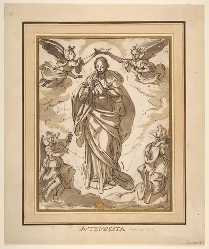 The Virgin Immaculate Crowned by Two Angels, with Angel Musicians in the Foreground by Domenico Fontana, drawing, 1555-1630