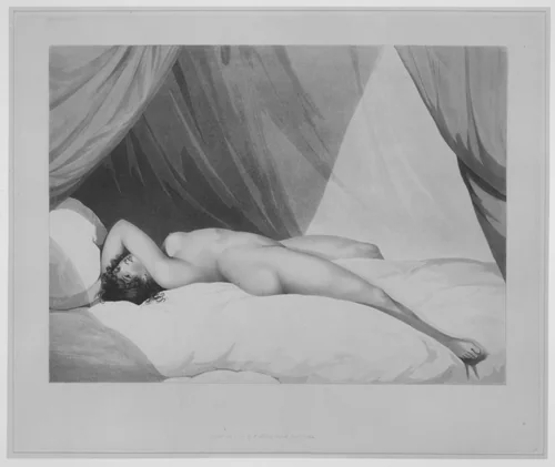 Nude Reclining on Curtained Bed [Emma Hamilton (?)] by Adam Buck, print, 1797