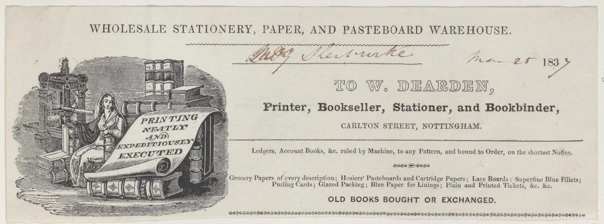 Trade Card for W. Dearden, Printer, Bookseller, Stationer, and Bookbinder by anonymous, print, 1800-1900