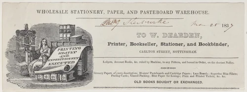 Trade Card for W. Dearden, Printer, Bookseller, Stationer, and Bookbinder by anonymous, print, 1800-1900