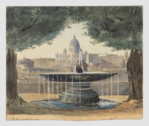 The Fountain of the Académie de France in Rome (recto); The Gate of San Giovanni in Rome and a lakeside village (verso) by anonymous, drawing, 1800-1900