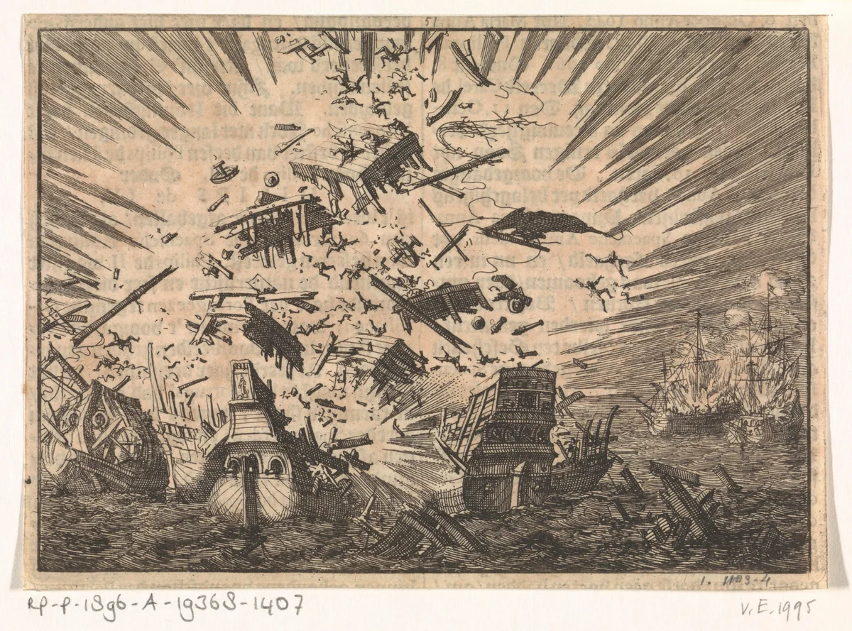 Hollandse schip Walcheren explodeert samen met vijf Portugese schepen, 1631 by Jan Luyken, print, 1698