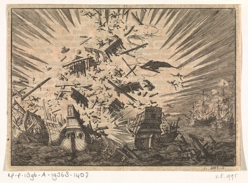 Hollandse schip Walcheren explodeert samen met vijf Portugese schepen, 1631 by Jan Luyken, print, 1698