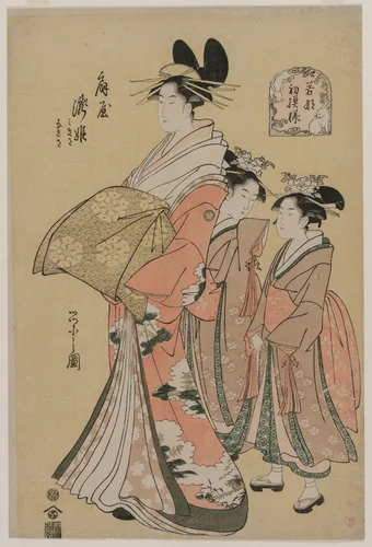The Courtesan Takihime and Attendants (from the series New Patterns of Young Greens) by Chōbunsai Eishi (鳥文斎栄之), print, 1795