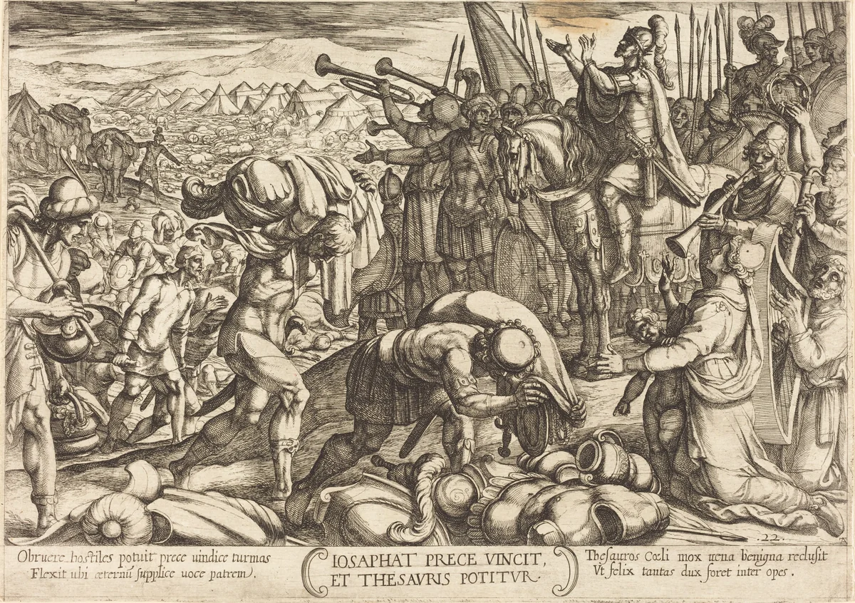 Josaphat Thanking God for His Victory by Antonio Tempesta, print, 1613