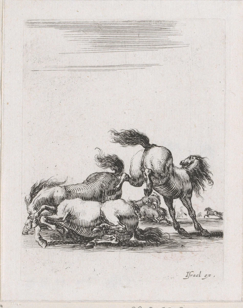 Vechtende paarden by Stefano della Bella, print, 1620-1664