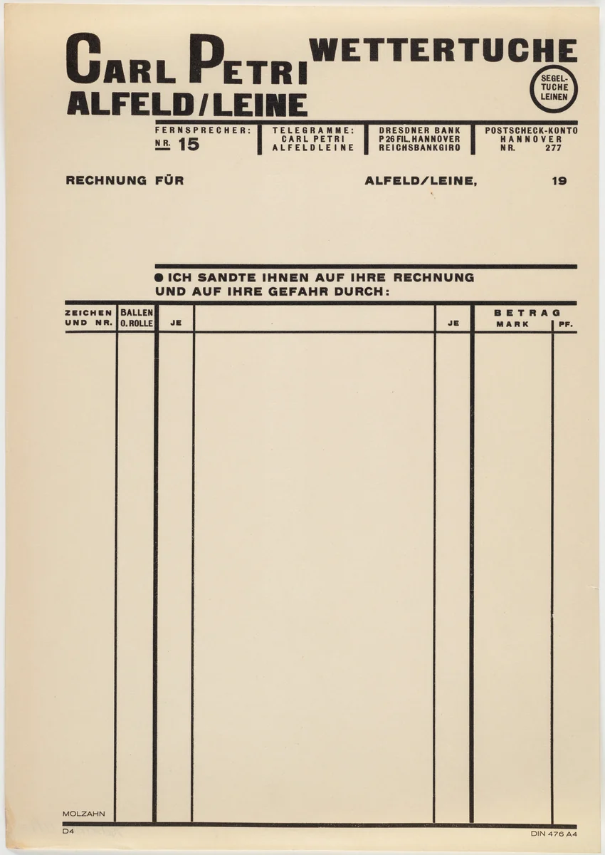 Stationery invoice for Carl Petrie, Alfeld/Leine, Wettertuche by Johannes Molzahn, design, 1925
