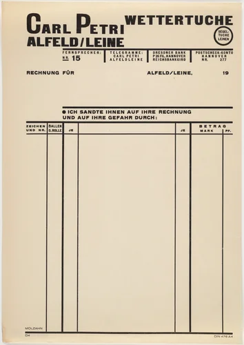Stationery invoice for Carl Petrie, Alfeld/Leine, Wettertuche by Johannes Molzahn, design, 1925