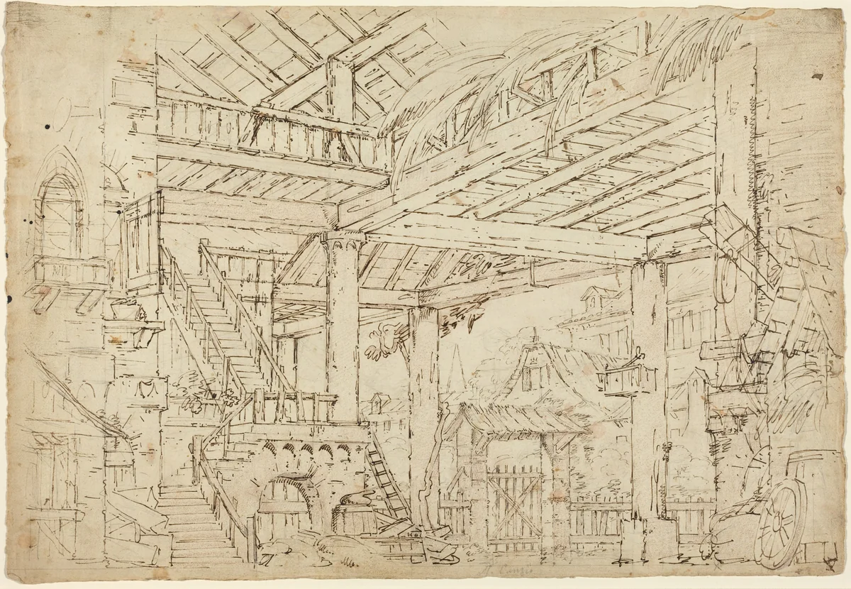 Interior of a Barn Built on Ancient Ruins by Michele Canzio, drawing, 1787-1868