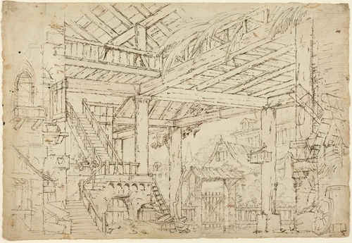 Interior of a Barn Built on Ancient Ruins by Michele Canzio, drawing, 1787-1868