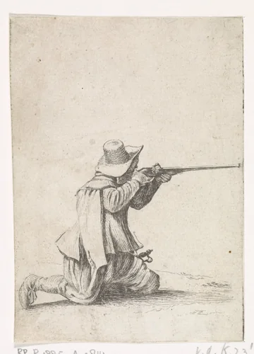 Geknielde soldaat, zijn geweer aanleggende by Dirk Maas, print, 1708-1717