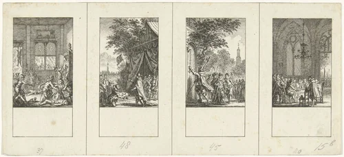 Vier episodes uit de vaderlandse geschiedenis by Simon Fokke, print, 1722-1784