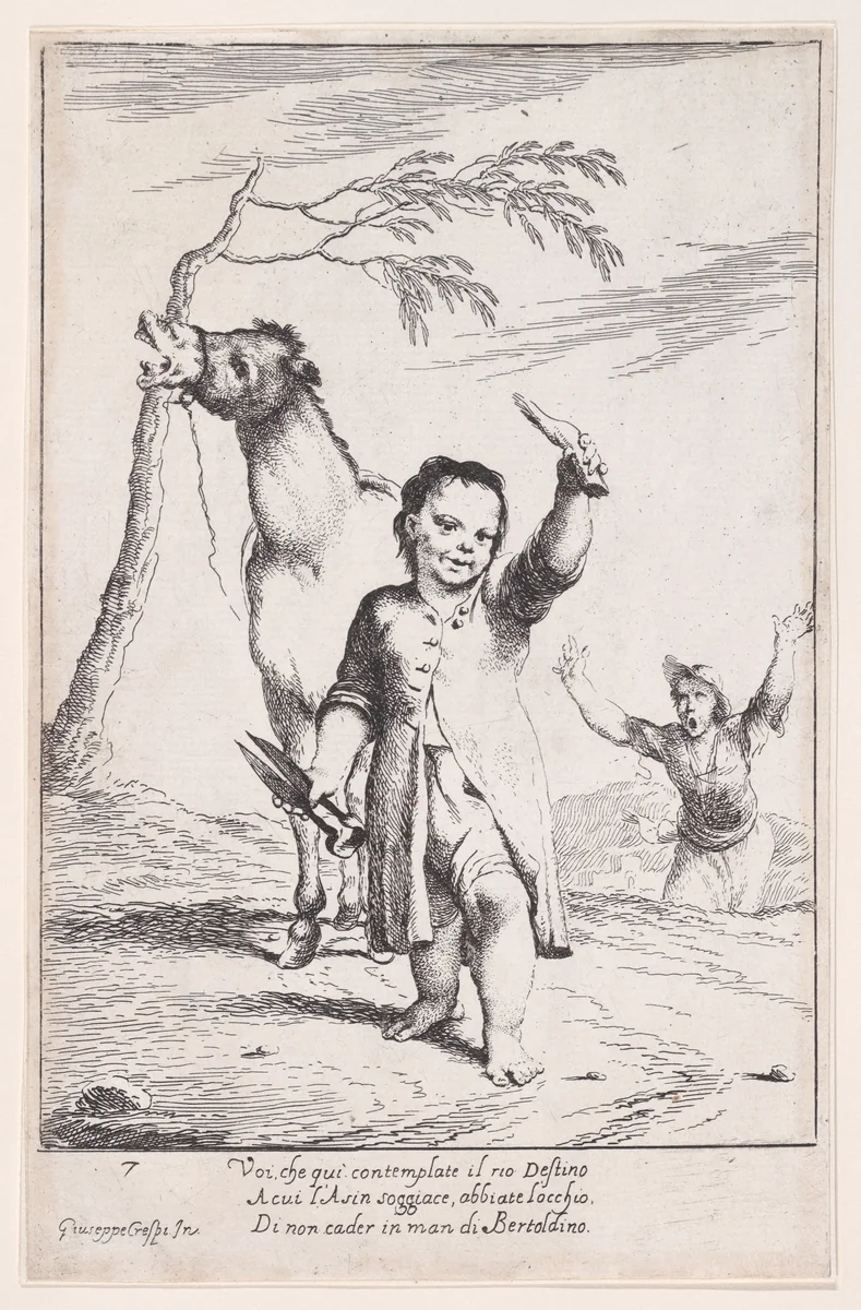 Plate 14: Bertoldino cutting off the ears of a gardener's donkey, from "Bertoldo, Bertoldino, and Cacasenno" by Giuseppe Maria Crespi, print, 1705-1715