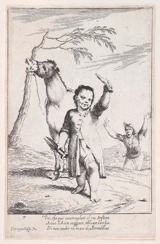 Plate 14: Bertoldino cutting off the ears of a gardener's donkey, from "Bertoldo, Bertoldino, and Cacasenno" by Giuseppe Maria Crespi, print, 1705-1715