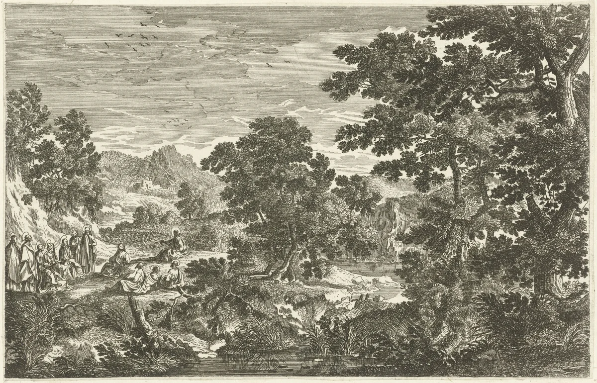 Landschap met Christus en de discipelen by Cornelis Galle, print, 1586-1650