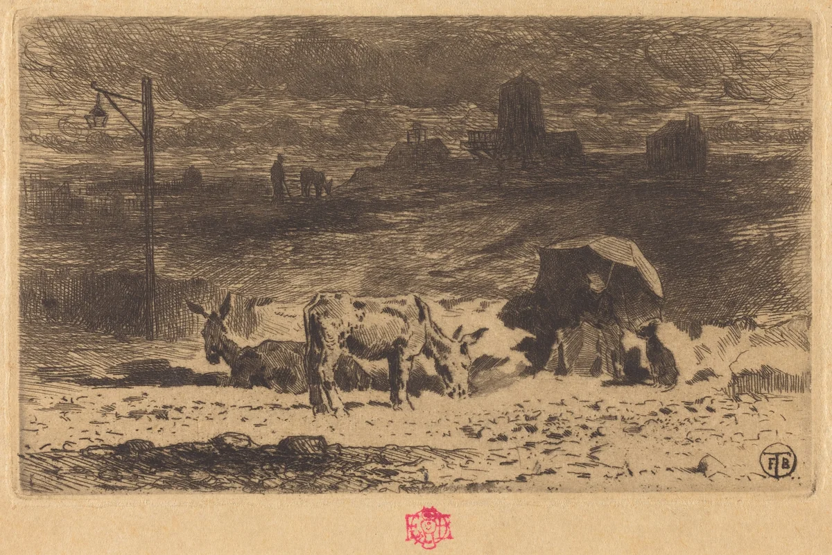 Les Anes de La Butte-aux-Cailles (Donkeys at La Butte-aux-Cailles) by Félix-Hilaire Buhot, print, 1873-1874