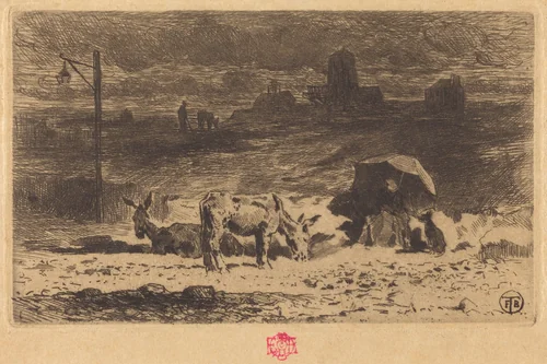 Les Anes de La Butte-aux-Cailles (Donkeys at La Butte-aux-Cailles) by Félix-Hilaire Buhot, print, 1873-1874